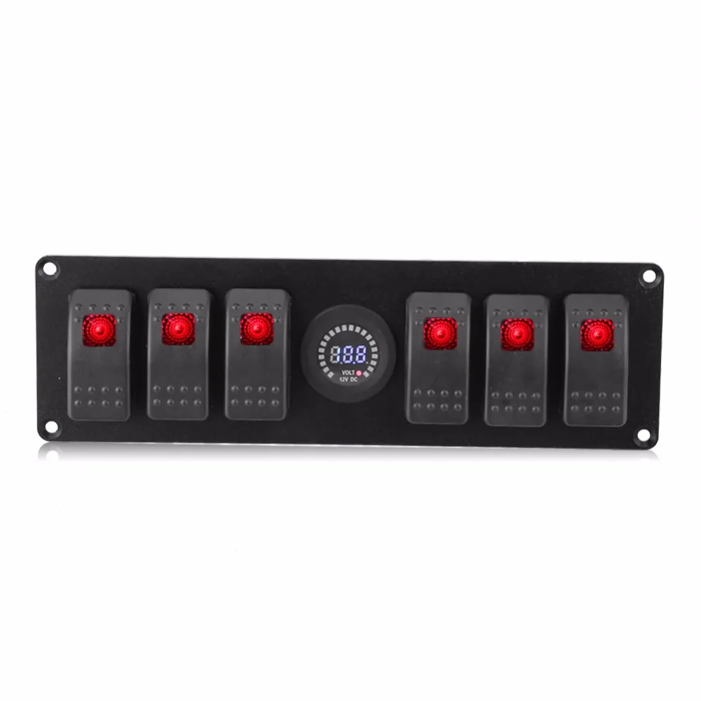 

6 Gang Red LED Rocker Switch Panel with Alarm Voltmeter for Car RV Boat Yacht Marine 12V Car Accessories