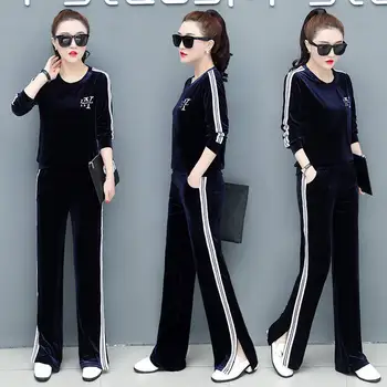 

New fashion Tracksuit 2020 Spring Autumn Women's Suit Letter printed 0-Neck Velet Sweatshirt+Striped Long Pant 2 Piece Set