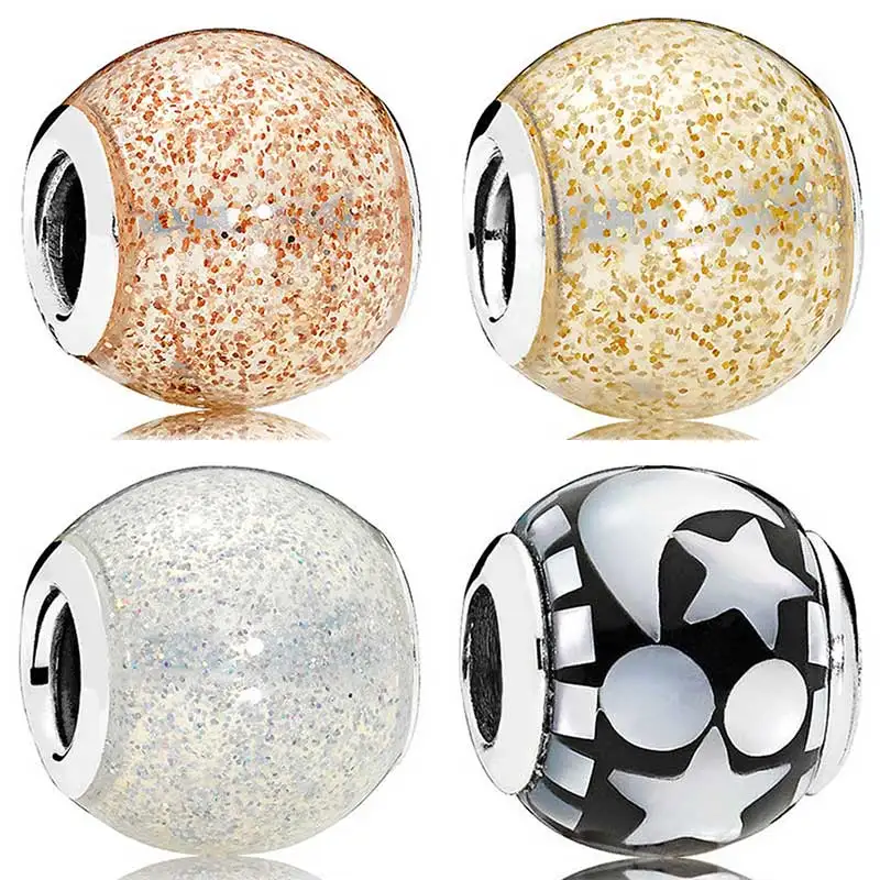 

Rose Gold Glitter Ball Moons & Stars Night Sky Celestial Mosiac Beads Fit Pandora Bracelet 925 Sterling Silver Charm DIY Jewelry
