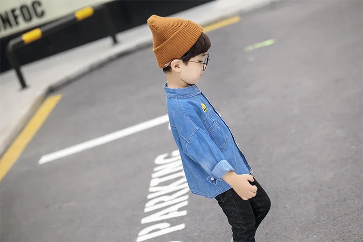 Модная Осенняя детская одежда рубашка с принтом для мальчиков джинсовая рубашка HTST537