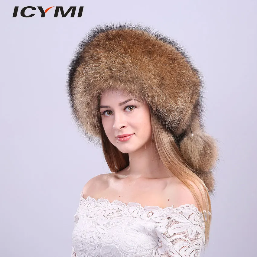ICYMI цельные шапки из меха енота унисекс супер теплые русские уличные шапки с помпоном лыжные зимние шапки из натурального меха женские мужские головные уборы