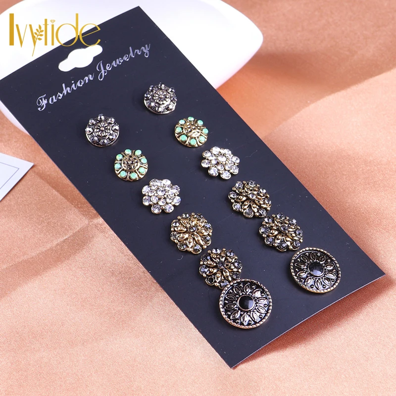 

Lvytide 6 pairs/set Stud earring set Crystal flower bronze charm mini druzy mix and match earrings Gift idea orecchini