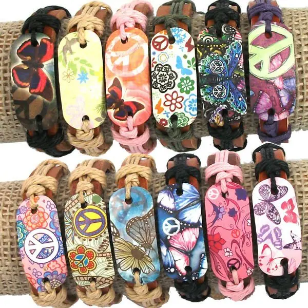 Jiayiqi Free Shipping 12PCS Mix Style Genuine Leather Bracelet Romantic Peace Butterfly Flower Prints