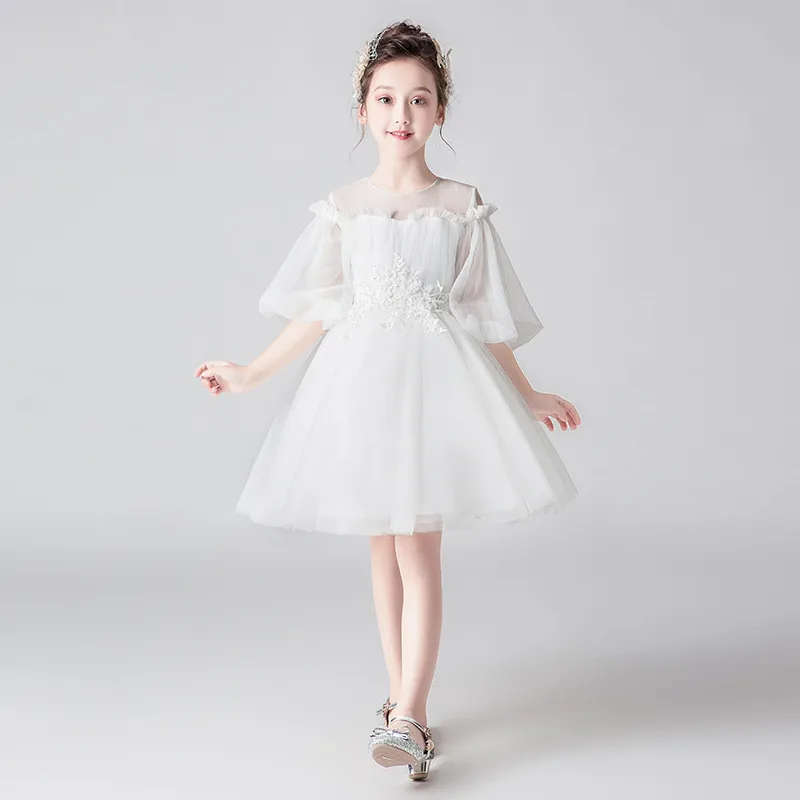 

White Tulle Mesh Flower Girl Dresses Lantern sleeve Dress For Weddings Applique Birthday First Communion Dresses For Girls D66