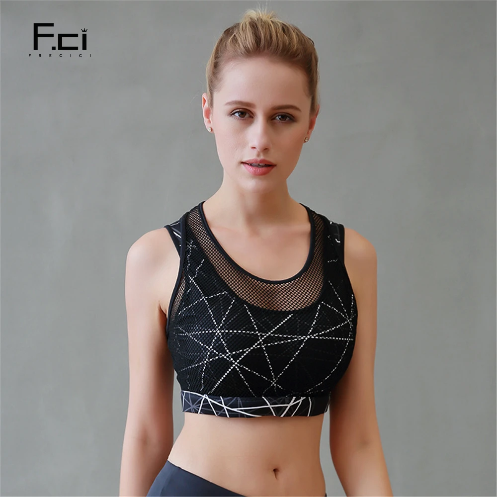FRECICI 2018 Women Black Sports Bra High Impact Sport Underwear Breathable Workout Fitness