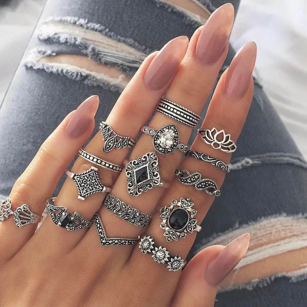 

15 Pcs/set Bohemian Retro Crystal Flower Leaves Hollow Lotus Gem Silver Ring Set Women Wedding Anniversary Gift #281524