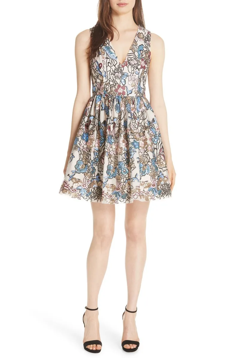 

KENVY Brand Fashion Party Dresses Women High-end Luxury Spring Elegant Slim V-Neck Embroiderey Sequins Flowers Sleeveless Dress
