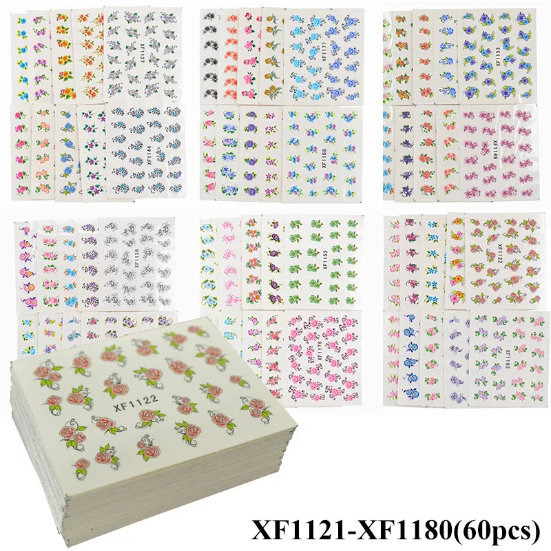 Смешанные наборы наклеек для ногтей, Переводные переводные наклейки с цветами, кружевные Мультяшные дизайны, слайдер для маникюра, фольга для украшения ногтей - Цвет: 60 Sheets