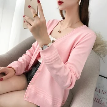 

2019 autumn new v-neck pure color knitted cardigan autumn small knit sweater