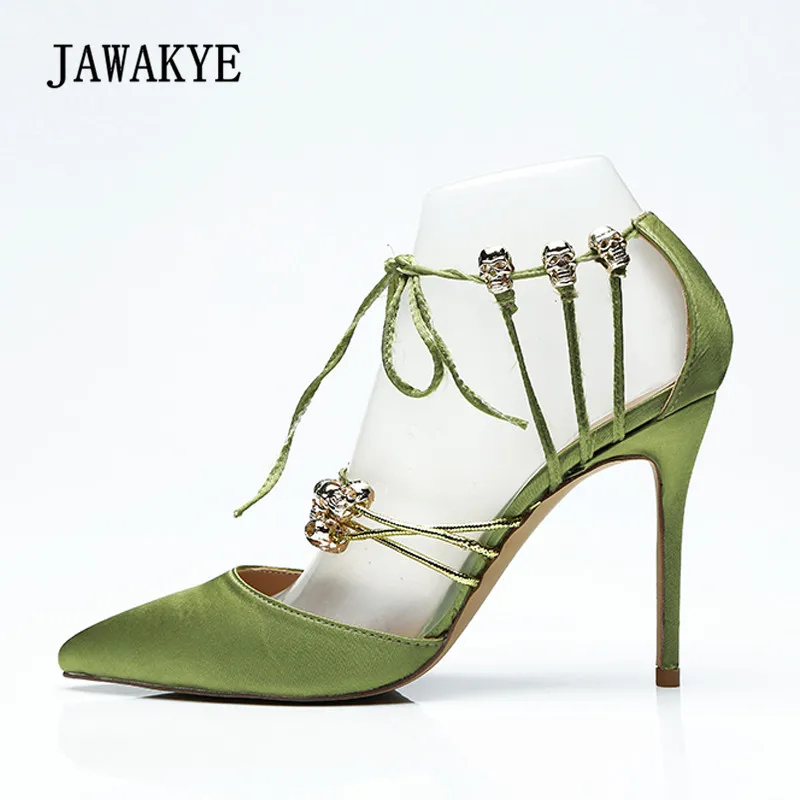 

2018 Luxury Satin Sandals Women Pointed Toe Cross Strap Skull Rhinestone Decor High Heel Shoes Woman Sexy Party Shoes