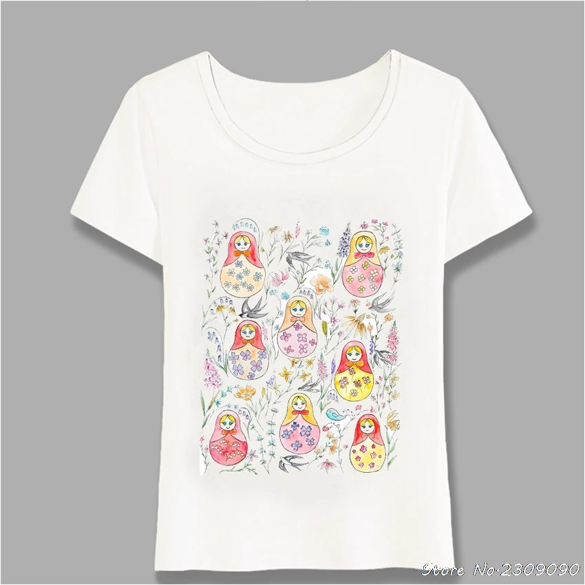 

Russian Dolls And Flower Folk Painting White T-Shirt Summer Women T-Shirt Fashion Casual Girl Tops Cute Sweet Tees Harajuku