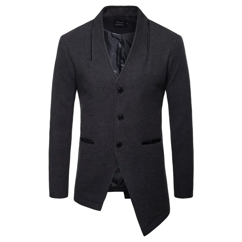 Deep Grey Coat Мужская ветровка с асимметричным подолом, Мужская шерстяная куртка, повседневная однотонная тонкая куртка с стоячим воротником для милых новых осенне-зимних пальто - Цвет: Deep Grey Coat
