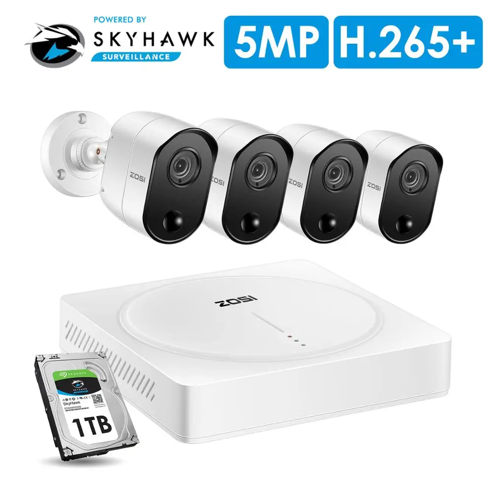 ZOSI 5.0MP 4CH Home Security Cameras System H.265+ Surveillance 4 Channel DVR with (4) x 5MP PIR Motion Sensor Security Cameras