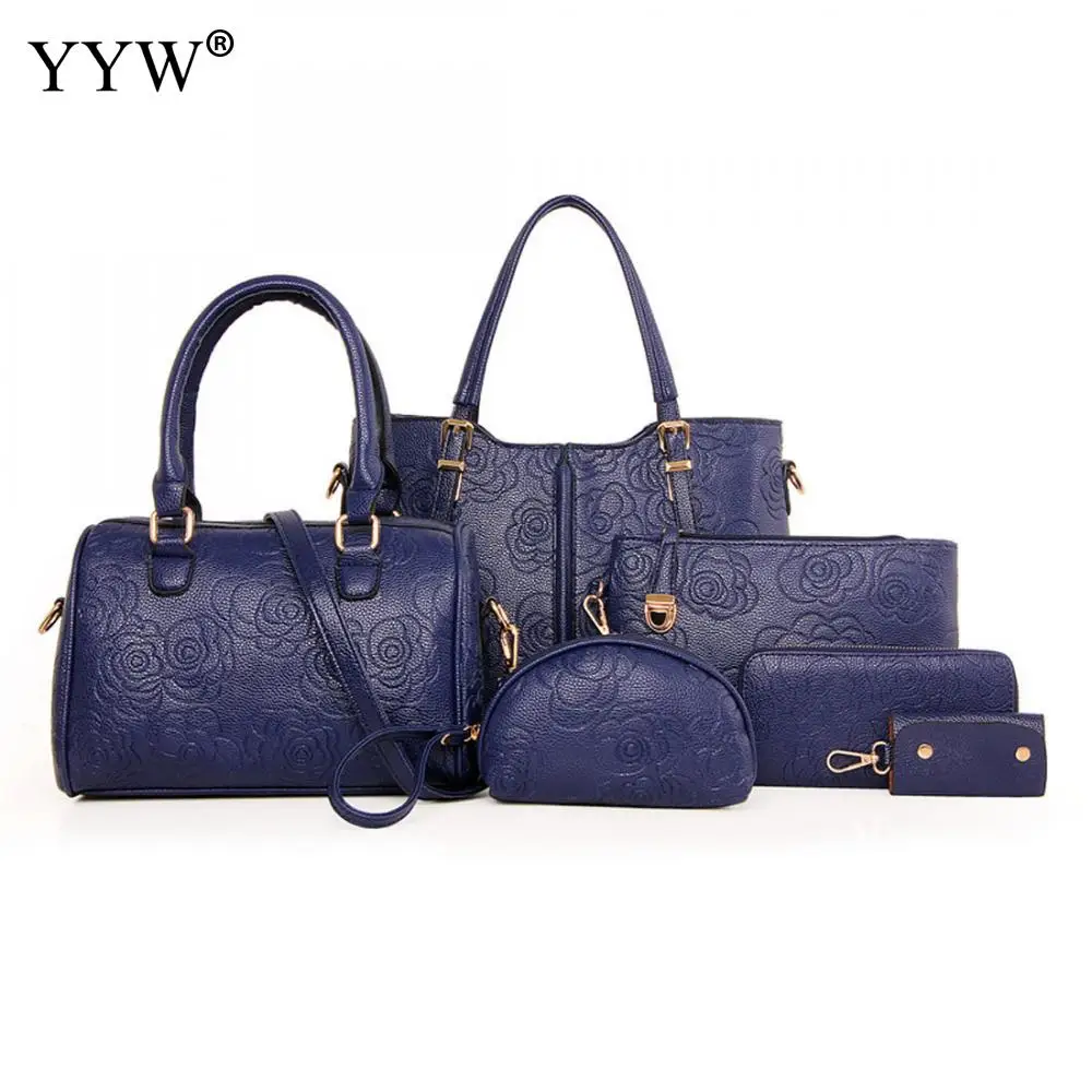

6 PCS/Set Blue PU Leather Handbags Women Bag Set Brands Tote Bag Lady's Shoulder Crossbody Shopping Bags Clutch Bag Womens'Pouch