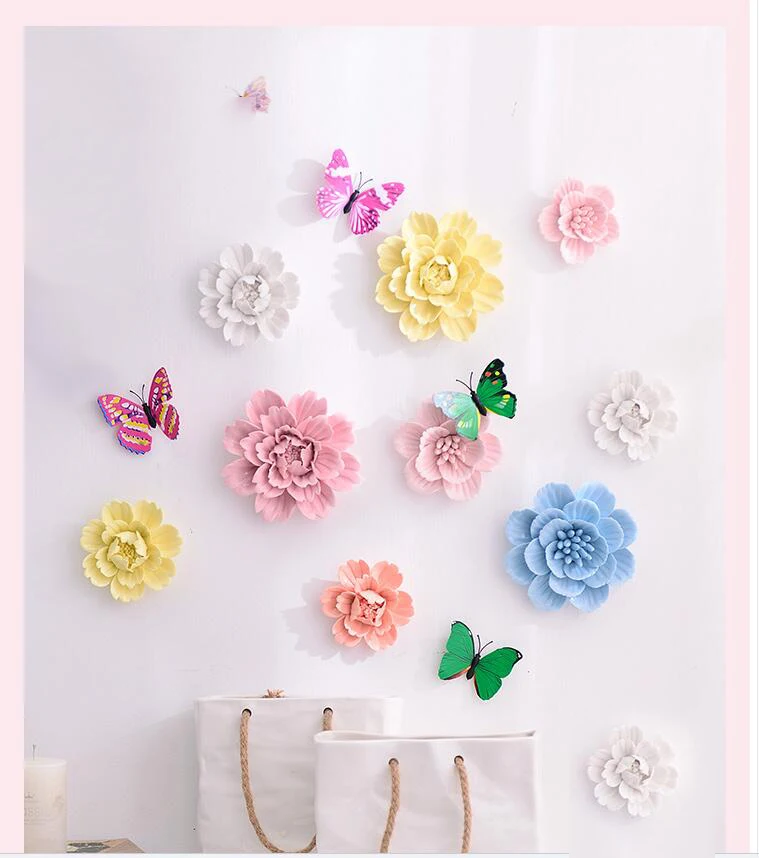 Pastoral 3D Ceramic Flower Wall Sticker Crafts Restaurant Bar Wall Hanging Ornaments Home Livingroom Mural Decoration Art