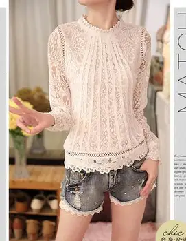 

30pcs/lot fedex fast korean style woman o-neck lace blouse female casual solid full lace top black and beige