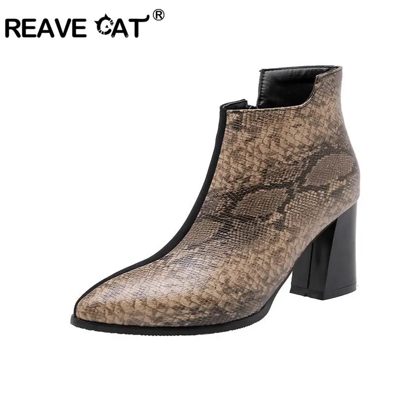Женские ботильоны из змеиной кожи REAVE CAT Модные с острым носком и боковой молнией