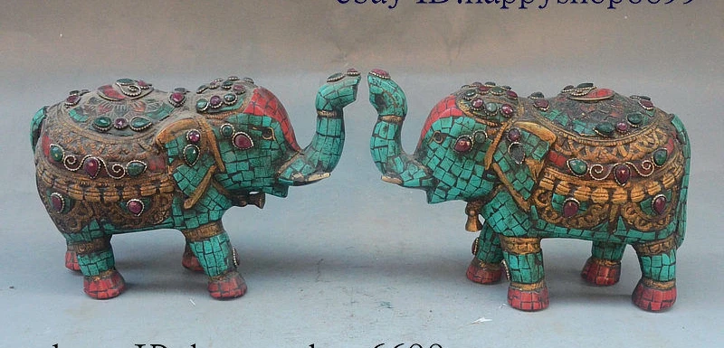 

8" Old Tibet FengShui Turquoise Inlay Beads Jixiang Wealth Elephant Statue Pair