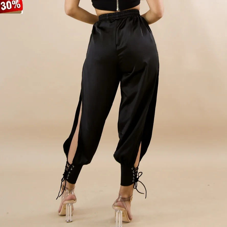 

Summer Woman Trousers Sports Wear for Women Gym Fashion Casual Black Side Open Tie Up Track Pants Lace Up Sweatpants