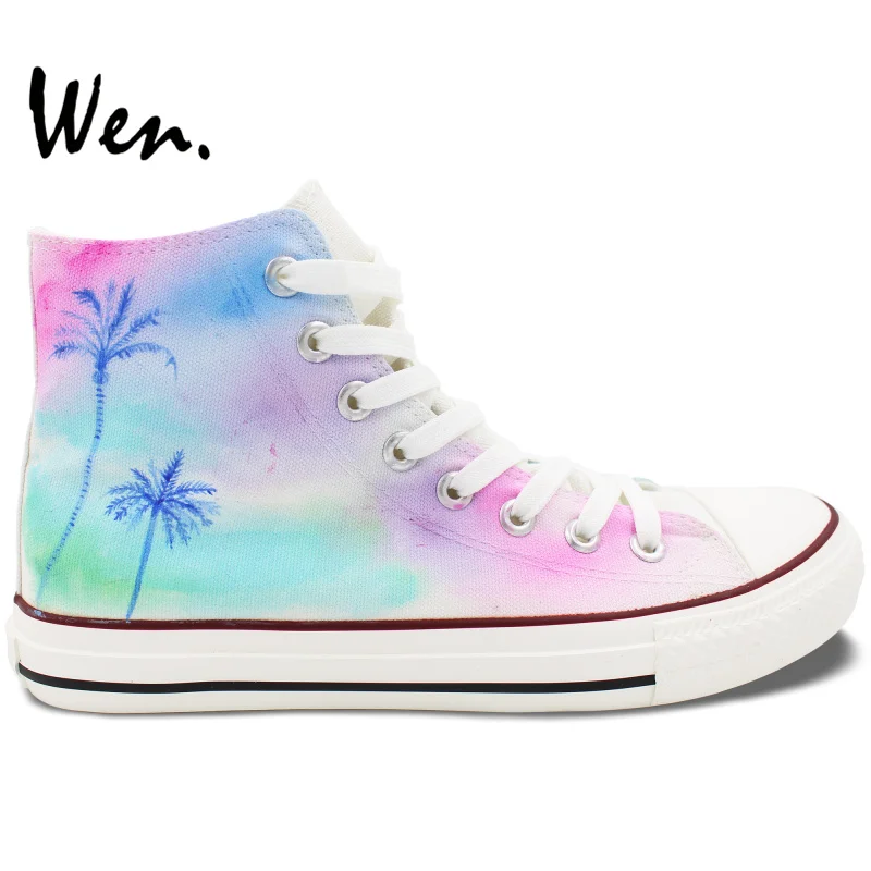 

Wen Hand Painted Shoes Original Custom Design Coconut Palm Tree White High Top Canvas Sneakers for Women Men