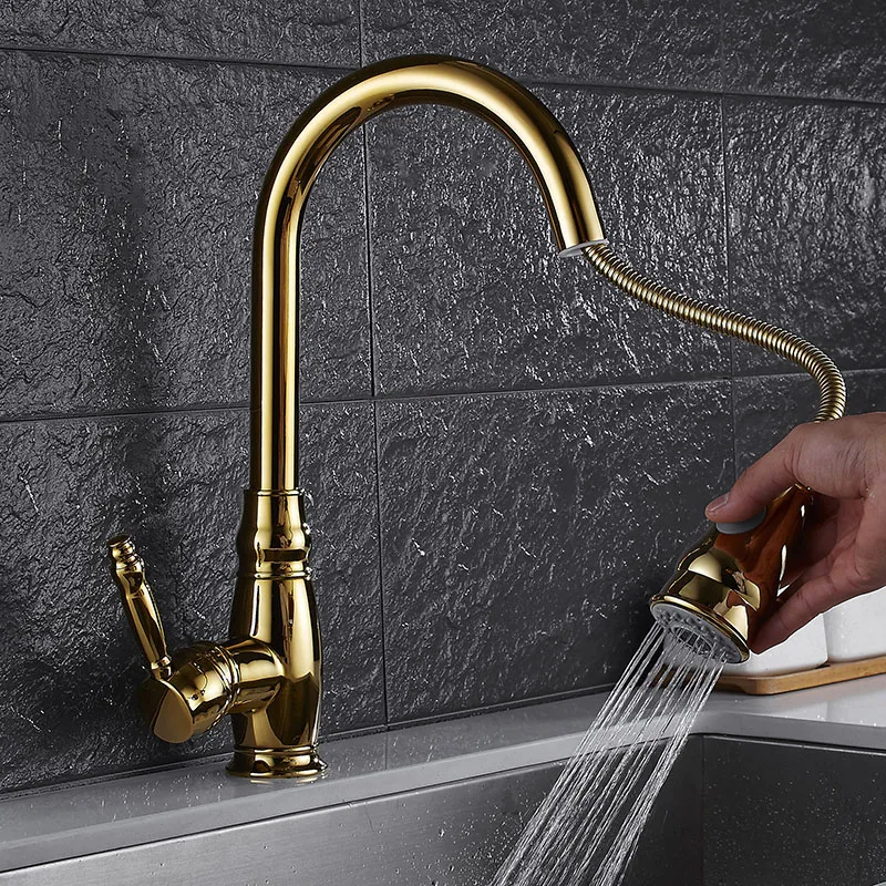 

Kitchen Faucets Golden Polished Kitchen Mixer Cold And Hot Kitchen Tap Single Holder Single Hole Pull Out Mixer Tap 360 Degree
