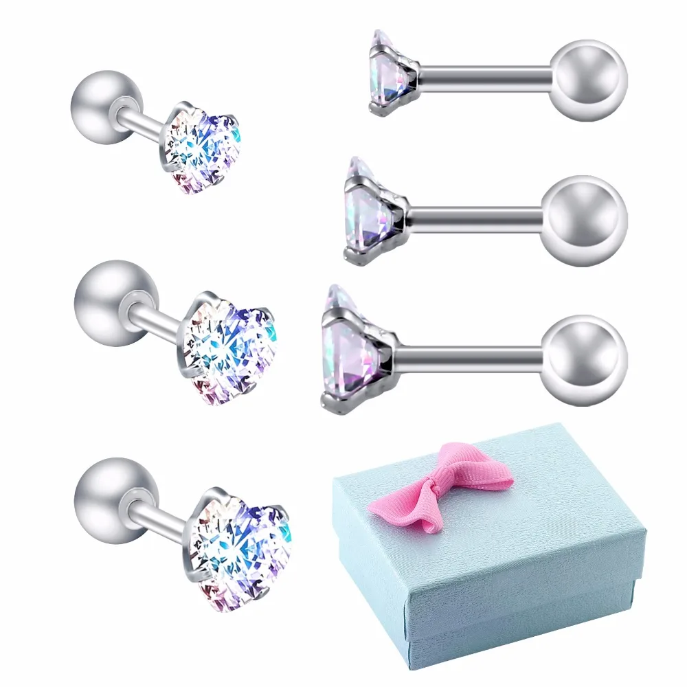 

3Pairs/Box 316L Surgical Heart Earring Stainless Steel Female Screw Earrings Multicolor Crystal Stone Screw Ball Earring Pierced