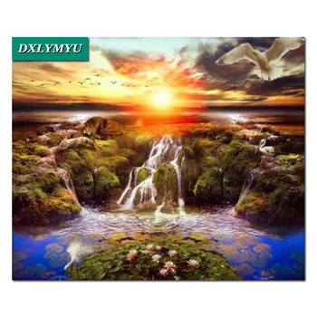 

Diamond Mosaic Sunset Waterfall Lotus bird Needlework full Diamond Painting Cross Stitch Wall Art Diamond Embroidery Handicraft