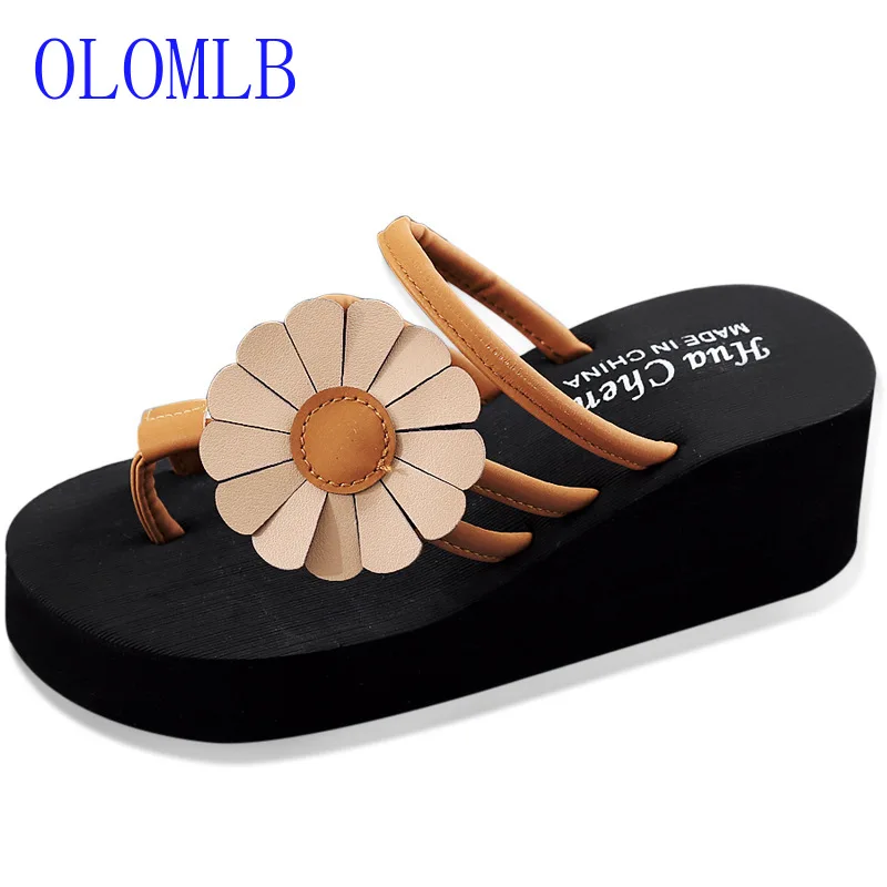 

OLOMLB 2019 Women Summer Fashion Leisure Shoes Women Platform Wedges Mouth Sandals Thick Bottom Flower Herringbone Slippers