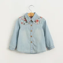 Fashion Baby Girls Denim Floral Shirts Kids Girl wash blue Blouse Girl Autumn Christmas Clothes 2016 children’s clothing