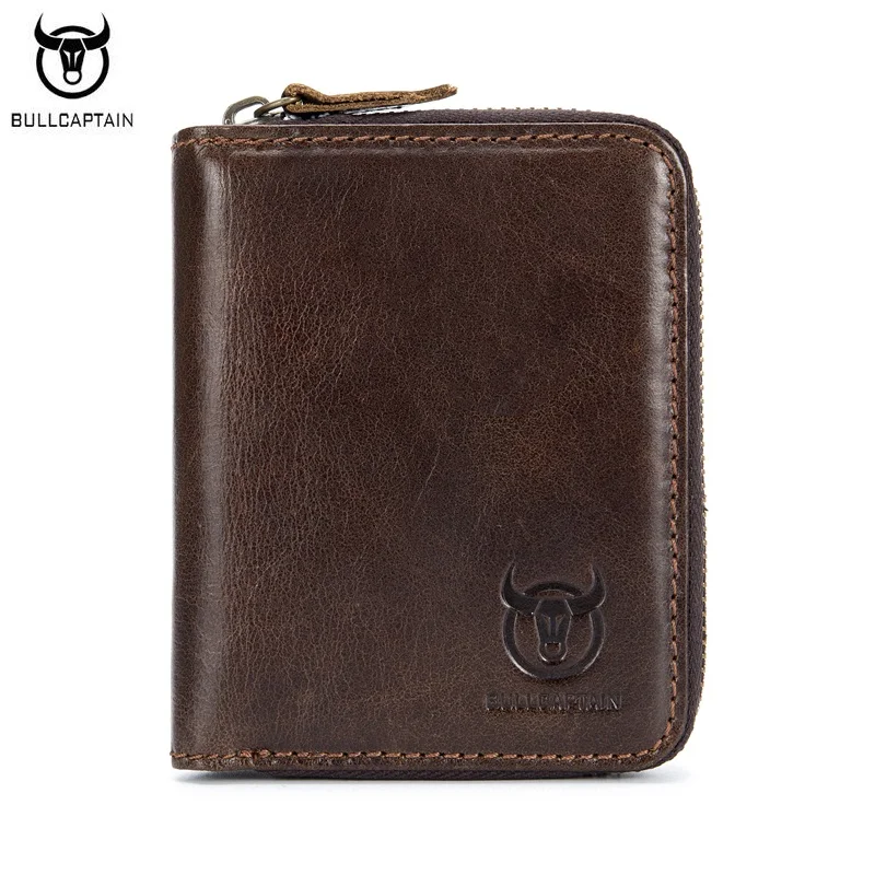 

BULLCAPTAIN Vintage Genuine Leather Men Wallet Short Unique Design Wallets Male Zipper Coin Purse Card Holder