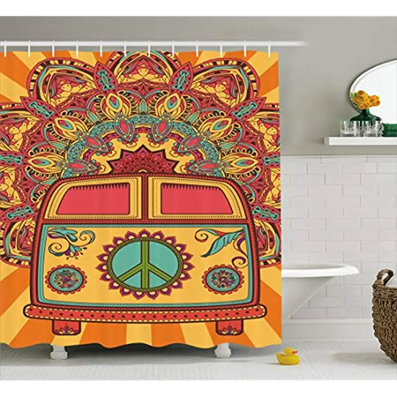 

Vixm 70s Party Decorations Shower Curtain Hippie Vintage Mini Van Ornamental Backdrop Peace Sign Fabric Bath Curtains