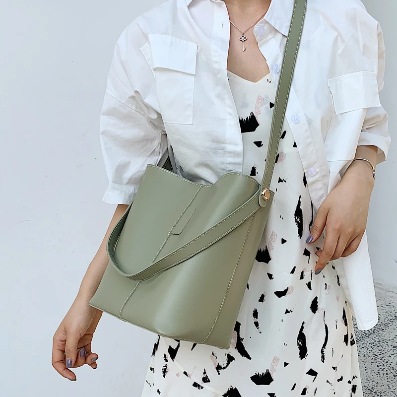 

Burminsa Minimalist Wide Belt Bucket Women Shoulder Bags Large Capacity Candy Color Composite Ladies Messenger Bags Summer 2019