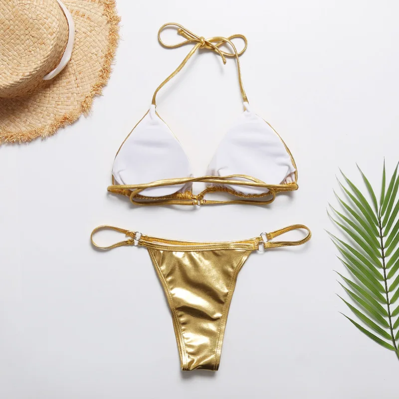 Летний сексуальный женский золотой микро треугольный комплект бикини, женские яркие бронзовые купальники на шнуровке, пляжные купальники, стринги бикини