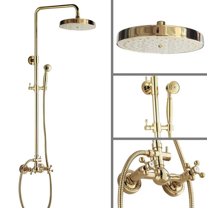 

Luxury Polished Gold Color Brass Dual Cross Handles Bathroom 8" Inch Round Rainfall Shower Faucet Set Bath Mixer Tap mgf325