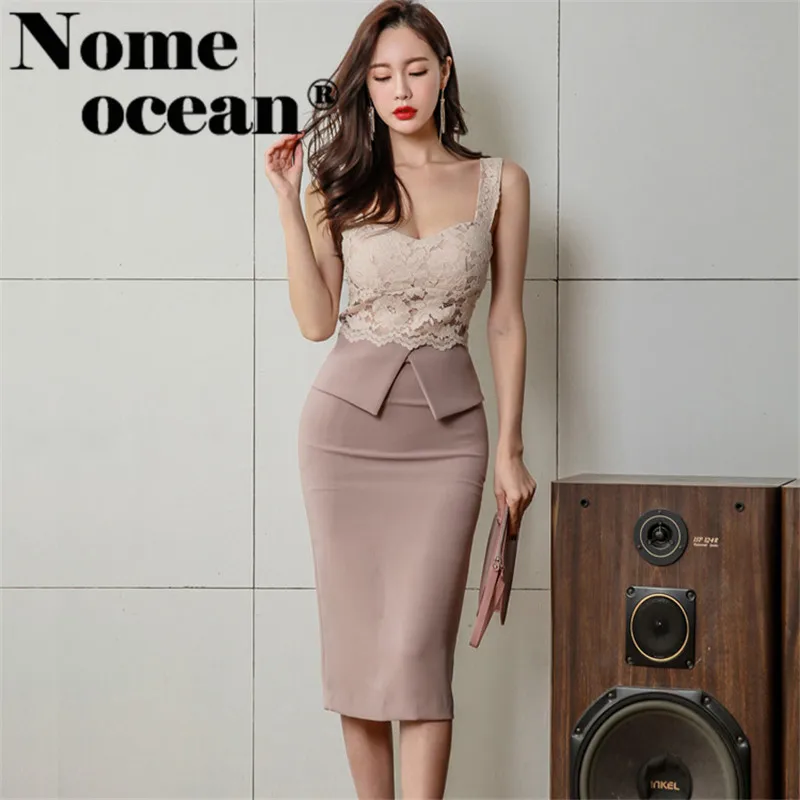 

Sexy Fake Two Pieces Midi Dresses Elegant Lace Patchwork Women's Dresses Peplum Waist Hot Sale OL Bodycon Dress Girls M18042503