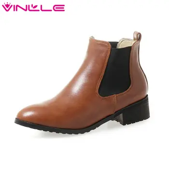 

VINLLE2020 Women Ankle Boots PU Leather Square Heel Round Toe Elastic Band Winter Shoes Elegant Ladies Boots Size 34-43