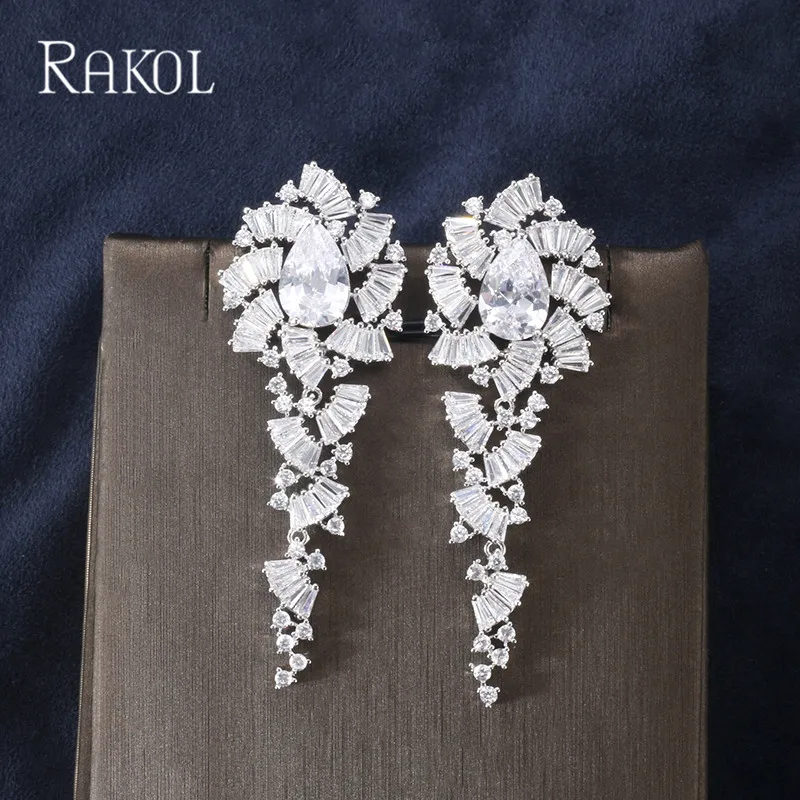 

RAKOL 2019 New Trendy AAA CZ Zirconia White Color Leaf Long Drop Earrings for Women Wedding Dinner Party Dress Jewelry