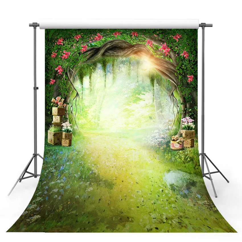 

Vinyl Photography Backgrounds Spring Lawn Forest Faory Tale Tree Hole Flower Floral Scenery Children Backdrop for Photo Studio