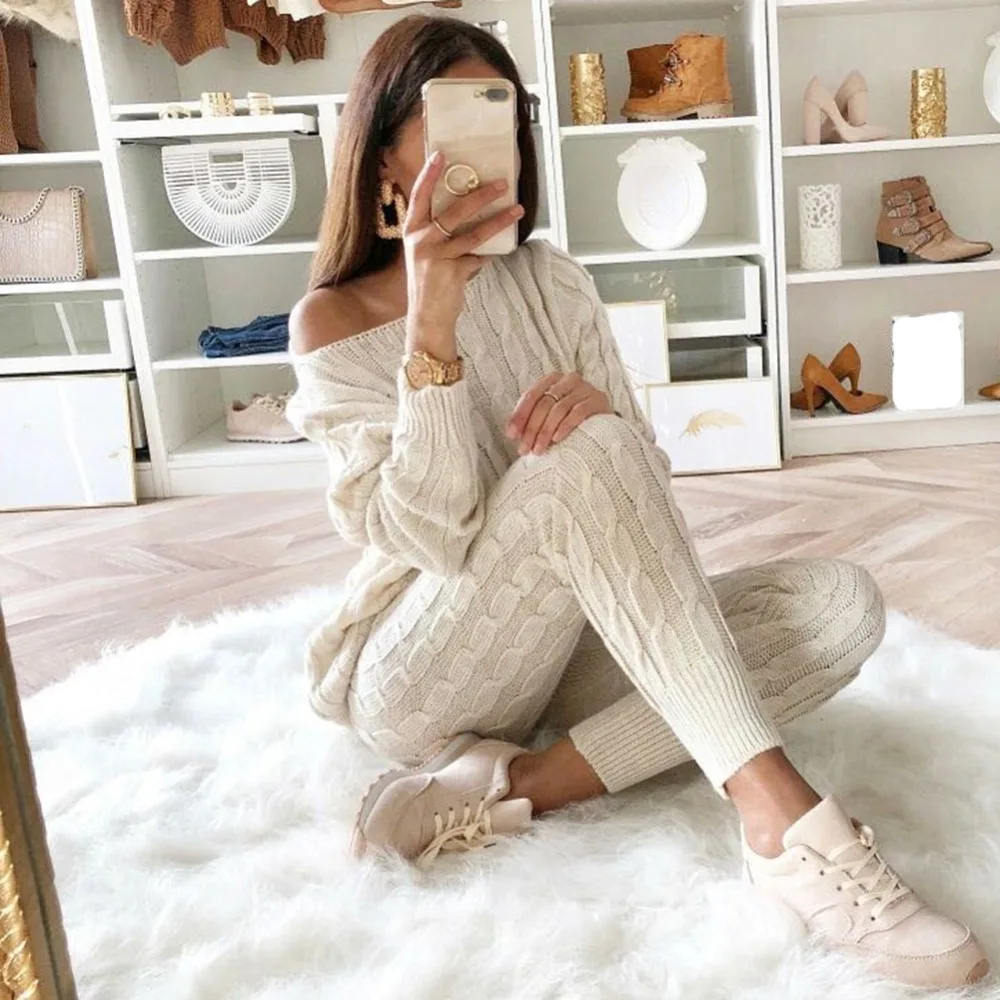 2 Piece Set Women Sweaters Suit Sexy Off shoulder Sweater Pants Tracksuits Woman Knitted Casual Trousers+Tops Women Clothing Set 2 Piece Set Women Sweaters Suit Sexy Off shoulder Sweater Pants Tracksuits Woman Knitted Casual Trousers+Tops Women Clothing Set