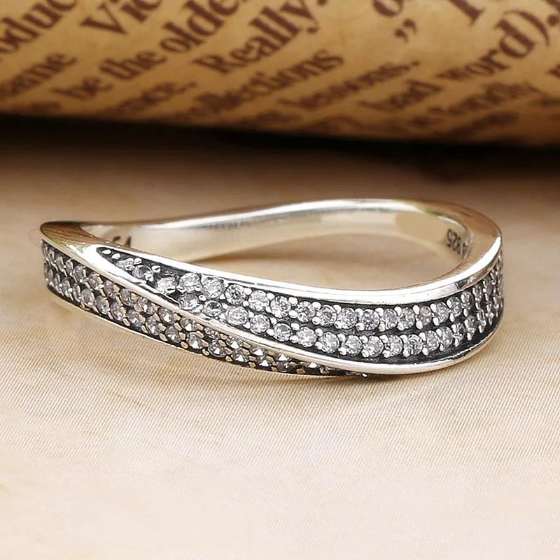 

Authentic 925 Sterling Silver Ring Elegant Waves Rings With Crystal For Women Wedding Party Gift Pandora DIY Jewelry