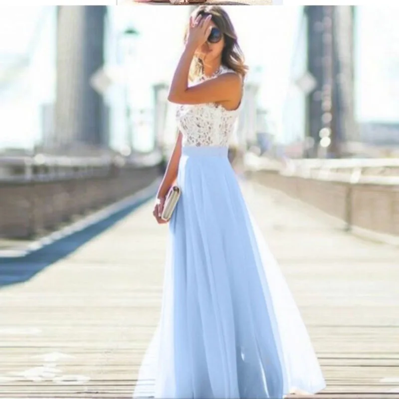 2018 Long Maxi Beach Summer Dress Plus Size Vestido Women Sleeveless Lace Patchwork Chiffon Boho O-Neck Party Dresses | Женская одежда