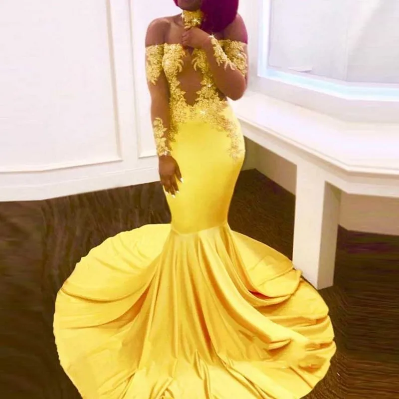 Vestidos De Festa Custom Made Yellow Evening Dress Mermaid abendkleider Evening Dresses Long Sleeves Choker 2018 vestido longo