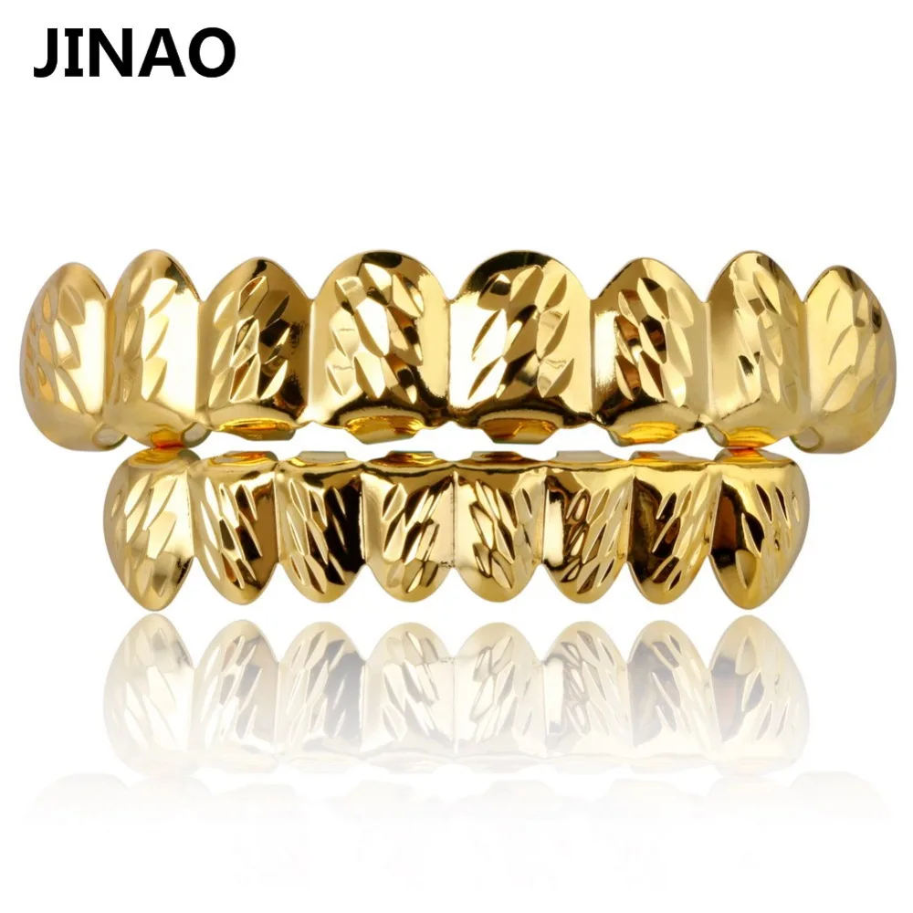 

JINAO Gold&Silver Color D-CUT Plated Hip Hop Teeth Grillz Top & Bottom Grill Set Christmas Party vampire For Male Women Jewelry