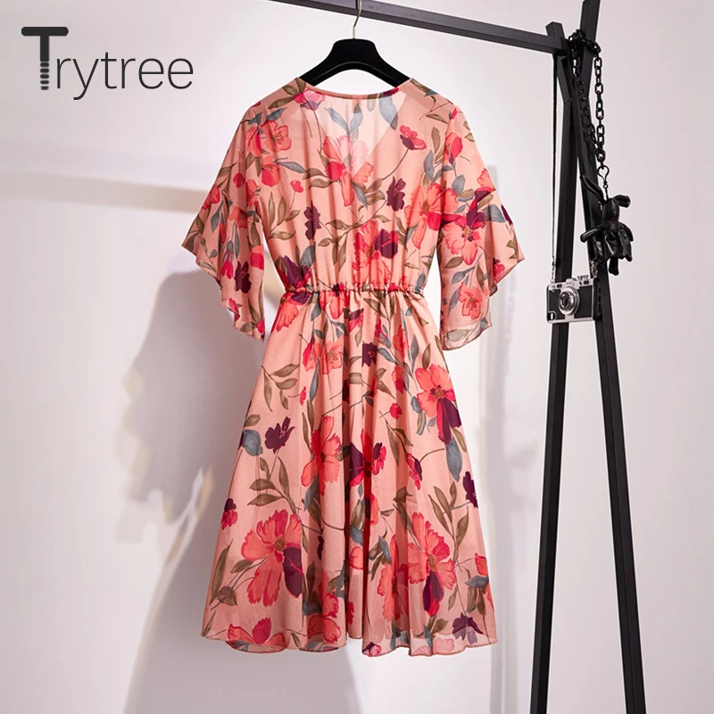 Trytree летнее Повседневное платье для женщин с цветочным принтом и v-образным вырезом, с рукавом-бабочкой, с поясом, платья трапециевидной формы до колена, платье для отдыха