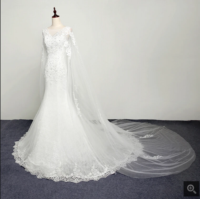 ; Robe de mariage русалка белое кружево свадебное платье с аппликацией scoop декольте с мыса бисером скромный мусульманский женское свадебное платье