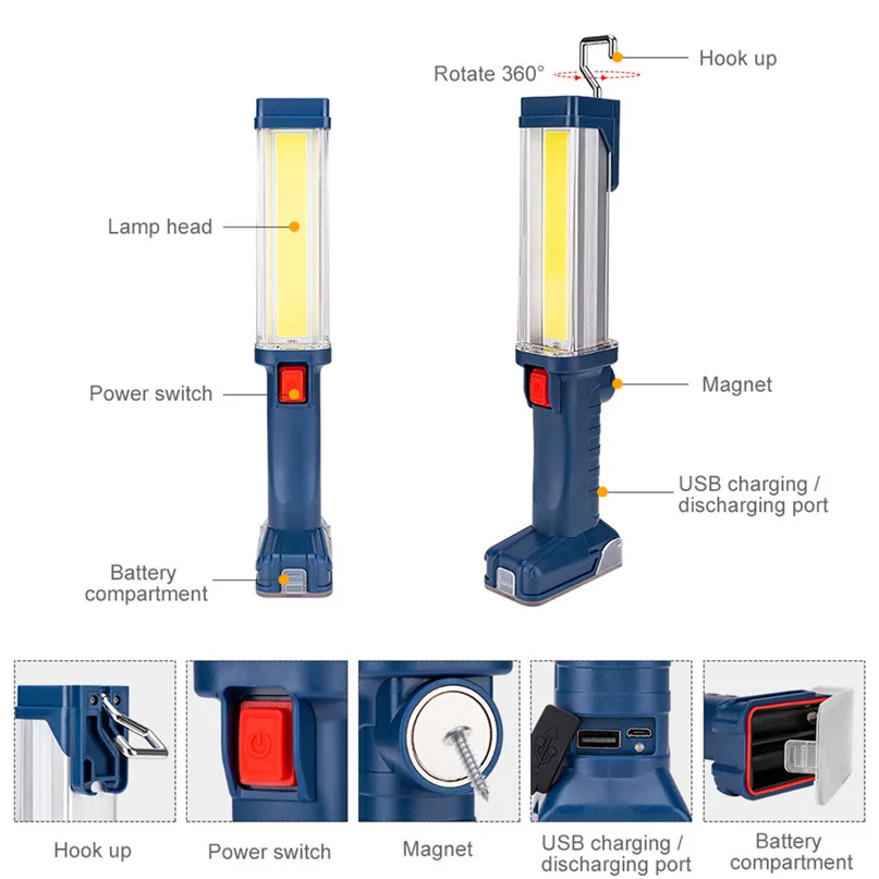 USB COB LED Magnetic Work Light Car Garage Mechanic Home Rechargeable Torch Lamp #2u17 (2)