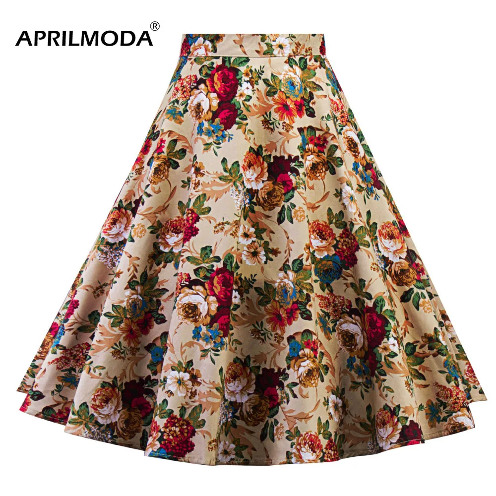 

Women Midi Pleated Skirts Vintage 50s 60s Flower Printed Summer Skirts Ball Gown High Waist Audrey Hepburn Swing Skirts 2018