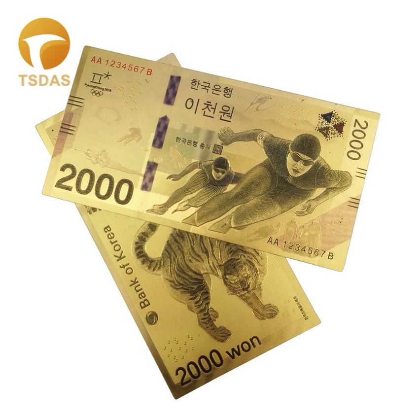 Корейская позолоченная банкнота 2000 Won Золотая фольга банкнота подарок для бизнеса Рождество День рождения Коллекция
