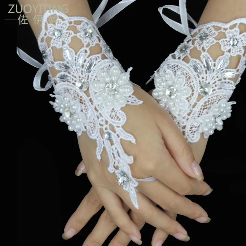 ZUOYITING Лидер продаж без пальцев наручные длина белая аппликация из кружева свадебные перчатки с бриллиантом свадебное платье Интимные