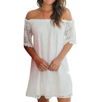 

Women Straight Dress Summer Nice Sexy Lace Off Shouder Fashion Solid Bodycon Mini Dress Sexy Regular Short Sleeve